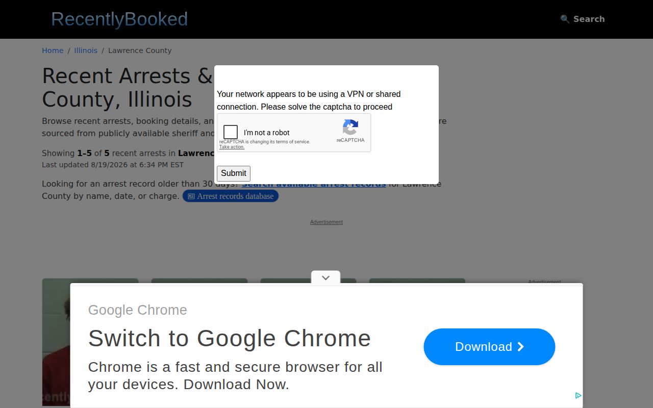 Unofficial Lawrence County recent-bookings index shown as a secondary news resource