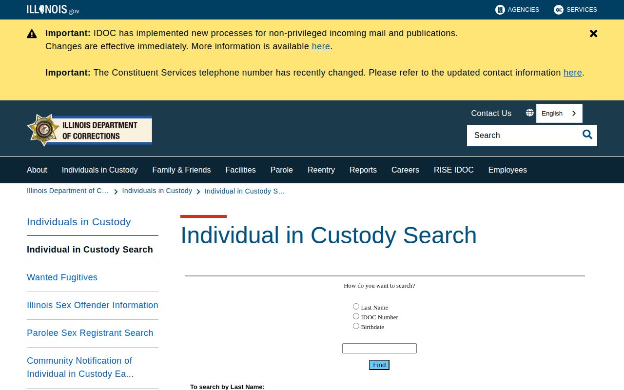 Illinois Department of Corrections offender search interface for a different custody system